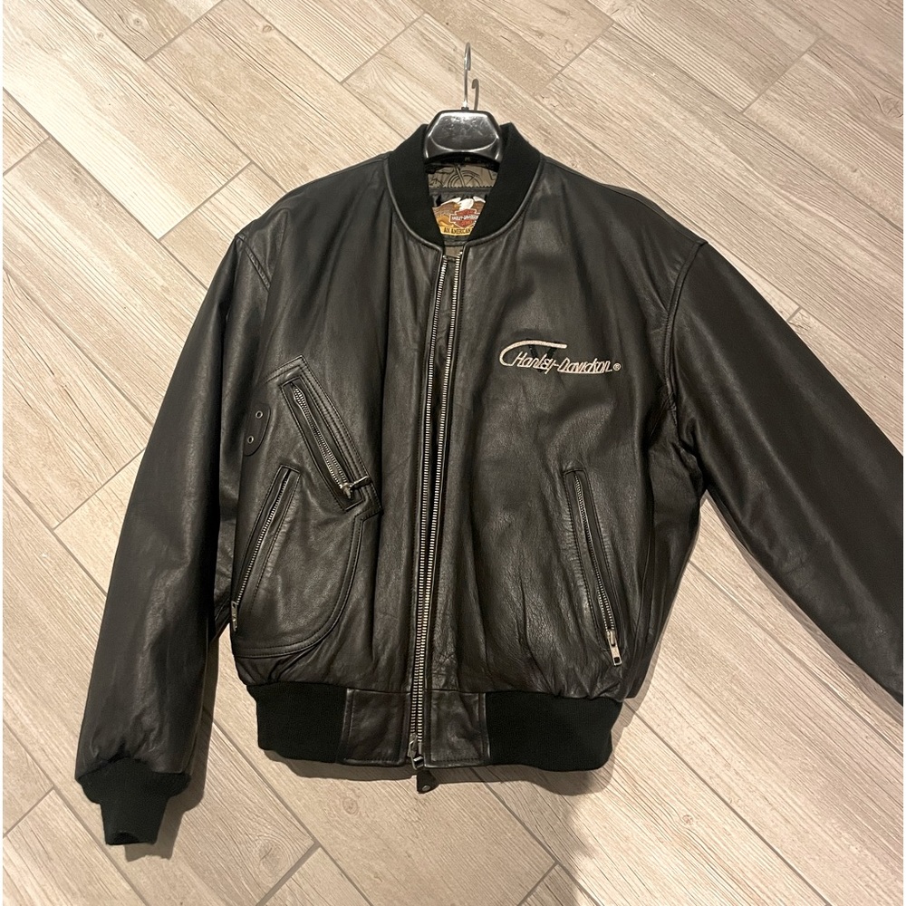 Black leather quilted bomber jacket